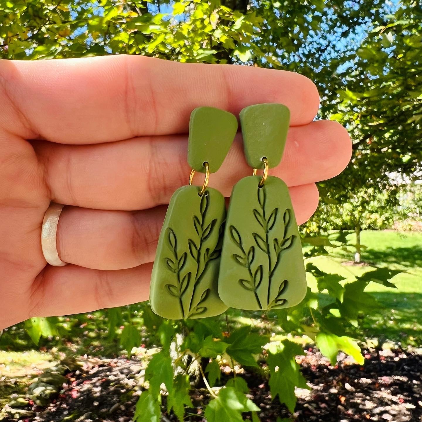 Olive Green Leaf Stamp Dangle Earring