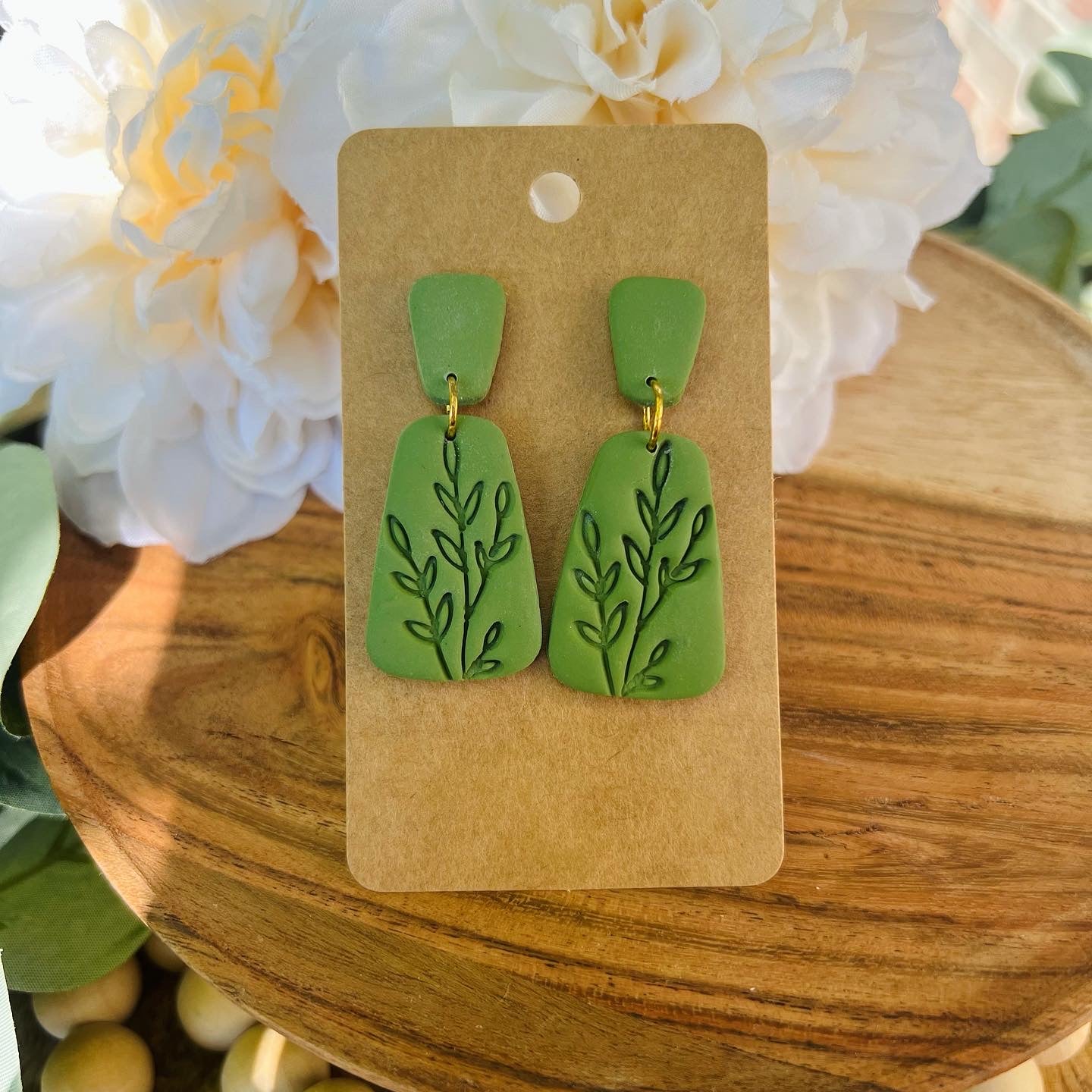 Olive Green Leaf Stamp Dangle Earring