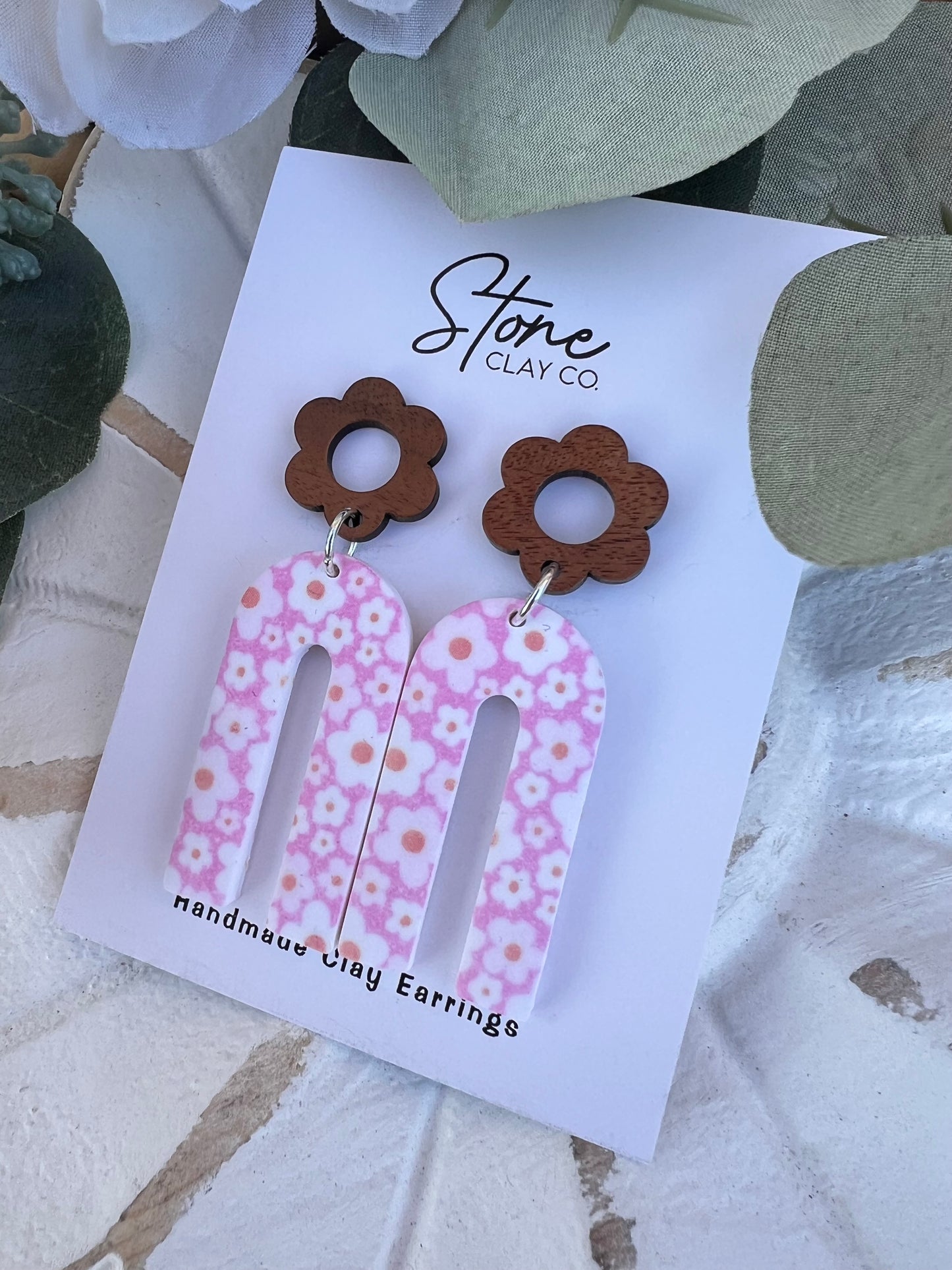 Pink Printed Daisy Dangles