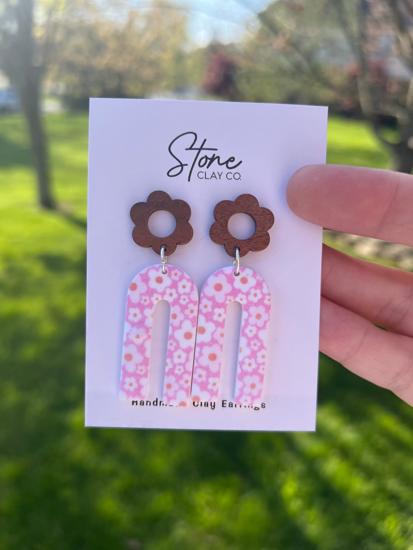 Pink Printed Daisy Dangles