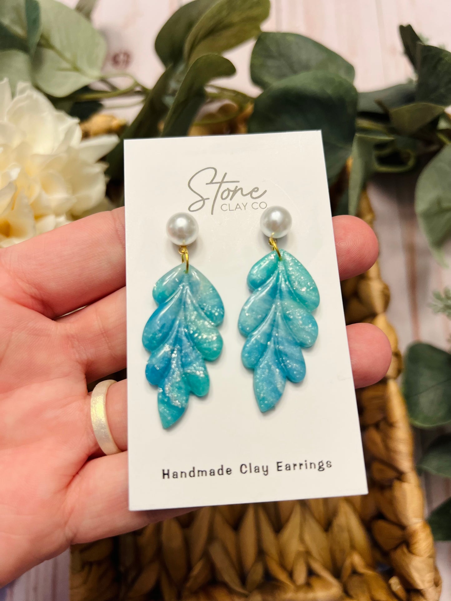 Turquoise Leaf With Pearl Dangles