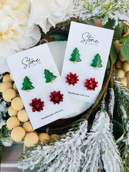 Christmas Tree And Red Ribbon Stud Pack